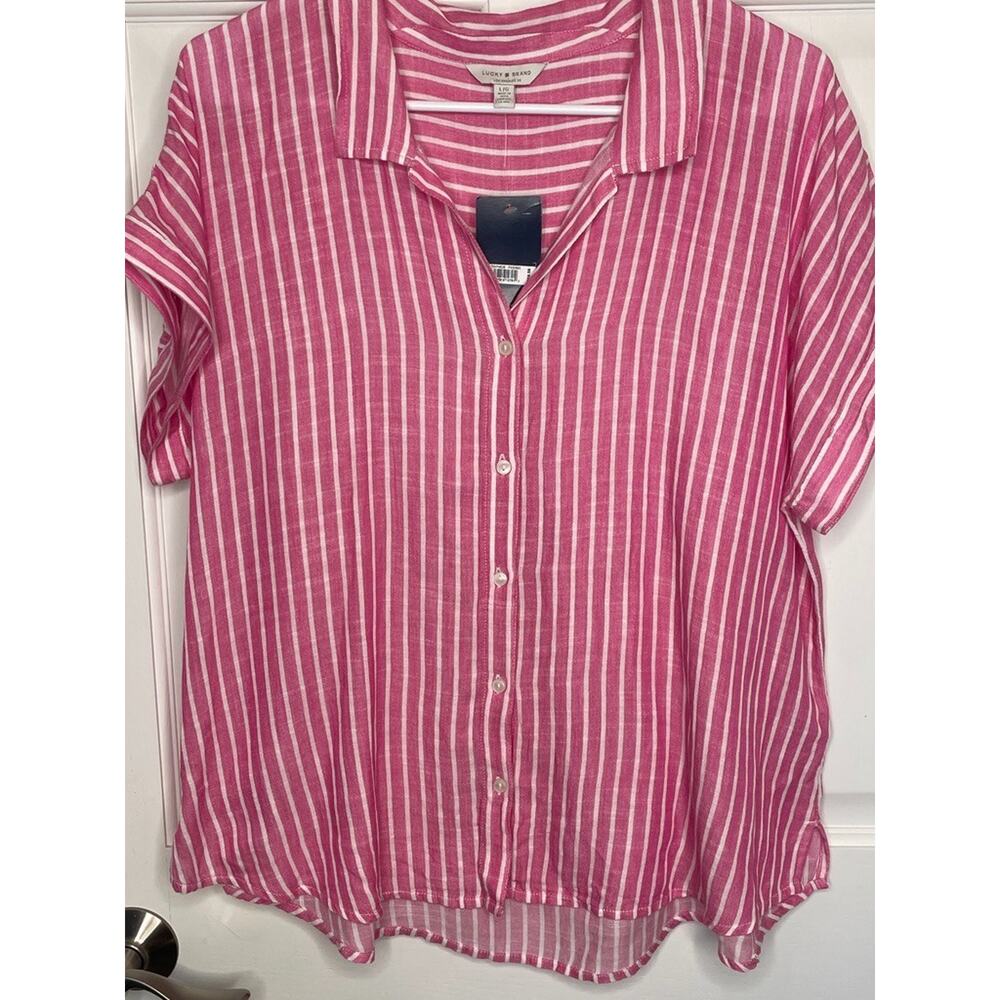 NWT Lucky Brand Women's Cotton Modal Button Down Short Sleeve Blouse Sz L Stripe - Picture 2 of 13